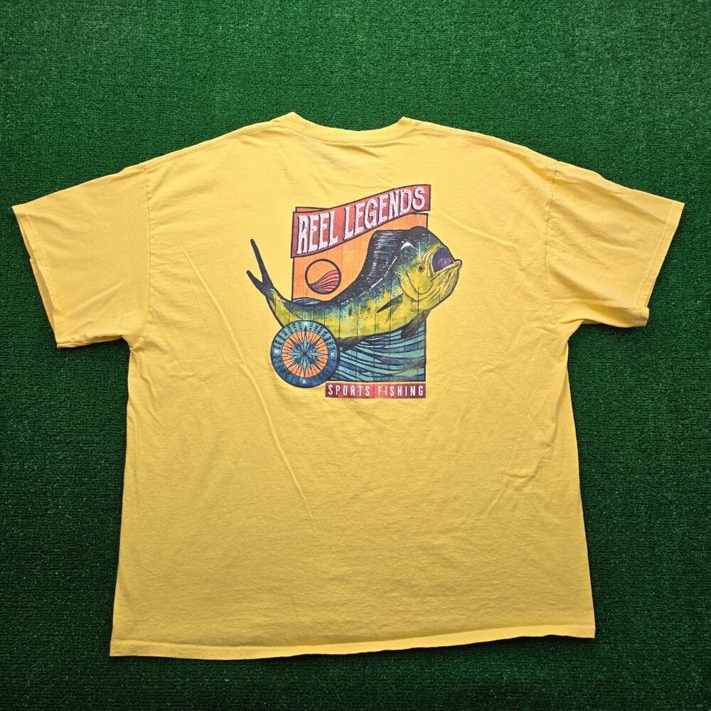 Reel Legends Tshirt Mens 2XL Yellow Short Sleeve Mahi Fish Sports Fishing Casual